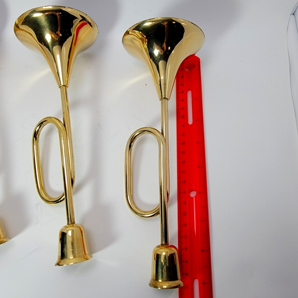 Set of 3 Brass Horn Candlesticks MCM Christmas Vtg - Picture 5 of 5